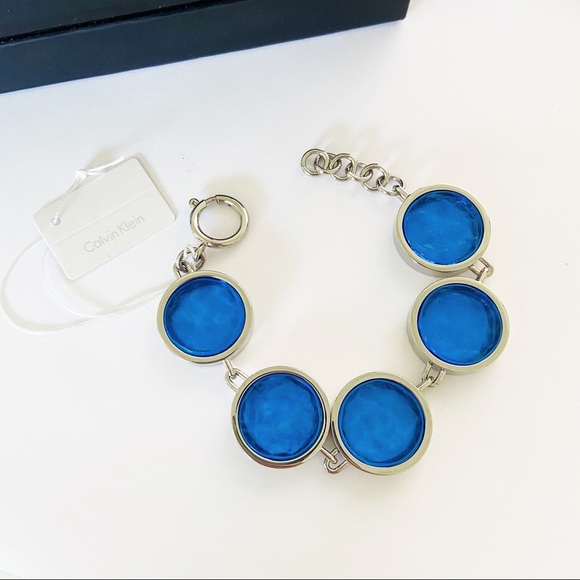 NWT Calvin Klein silver and cobalt blue glass round station bracelet MSRP $199 - Picture 3 of 9